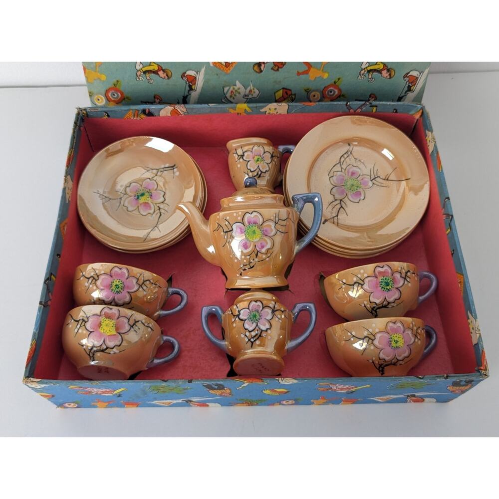 Vintage Hand-Painted Miniature Japan Tea Set – Cherry Blossom Design – 15-Piece